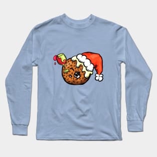 Christmas Pudding Drinking Cartoon Character Illustration Long Sleeve T-Shirt